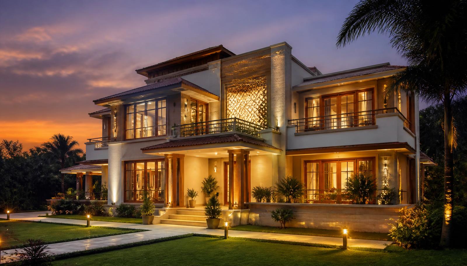 Modern Indian villa lit at dusk